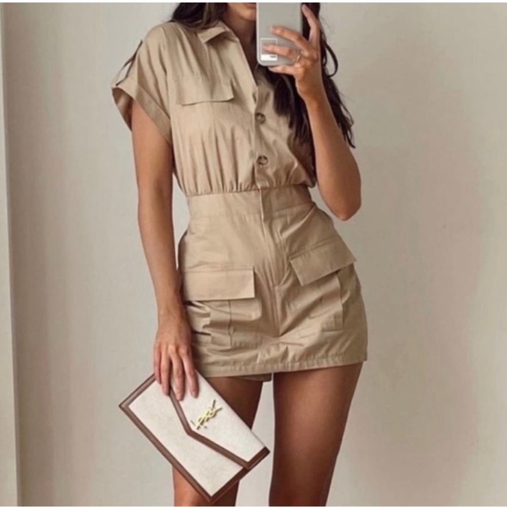 Zara Poplin Cargo Jumpsuit Tan Sz Medium